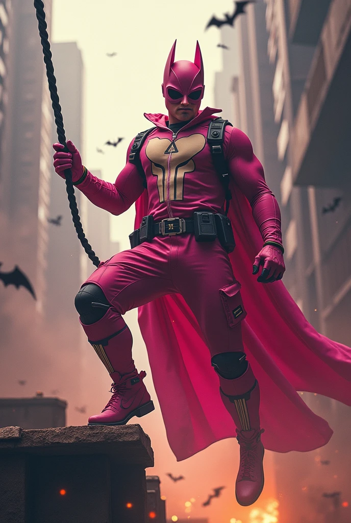 Malaysia man in high-tech suit, vivid effects, malaysian superhero (KELUANG MAN) in a striking pink and brown beige costume cyberpunk design, mask small mini bat ear beige, daredevil beige mask, jumpsuit dark pink stands confidently in a dramatic.jumping from high place.hero costume.one hand rise up. Big triangle logo on the chest.high detail Punisher logo on the chest. Fighting pose , stormy landscape. ((Head covered node guard like batman. Running pose , athletic body type, small mini ear bat mask))The character wears domino mask a helmet with pointed mini torn ears and a flowing cape biege, open nose and mouth. Equipped with visible futuristic weapons on a belt,bullet proof jacket pink dark day.show fingers pose, dark night, big supermoon effect . Small logo on chest triangle shape small punisher logo center triangle cyber logo center on chest pink logo mini logo . rocky. Building top.smoke ground , bomb effect background, losse pants, losses costume.adding to --ar 3:4 --style raw --stylize 500 --v 6.1. chaos. Lot of small flying bat. One leg on the high stone. Man. Backpack . Real man age 40 year old. One hand holding belt.one hand holding black rope hanging on building