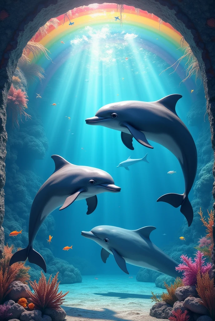 Dolphins playing in a colorful fish tank, with a rainbow