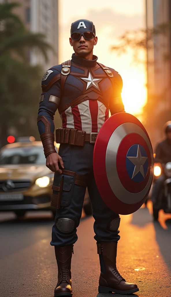 Generate a hyper-realistic image of Captain Satria, reimagined as an Indonesian man in his mid-30s, standing in the middle of a busy Jakarta street. He wears a traditional Indonesian-inspired version of Captain America's uniform, featuring batik patterns and an indestructible shield shaped like a Garuda emblem. The scene shows him directing traffic during rush hour, with cars, motorbikes, and bajaj (three-wheeled taxis) swarming around him. The sun is setting, casting warm light across the bustling street, and people in the background look confused yet amused as Captain Satria tries to control the chaotic scene.