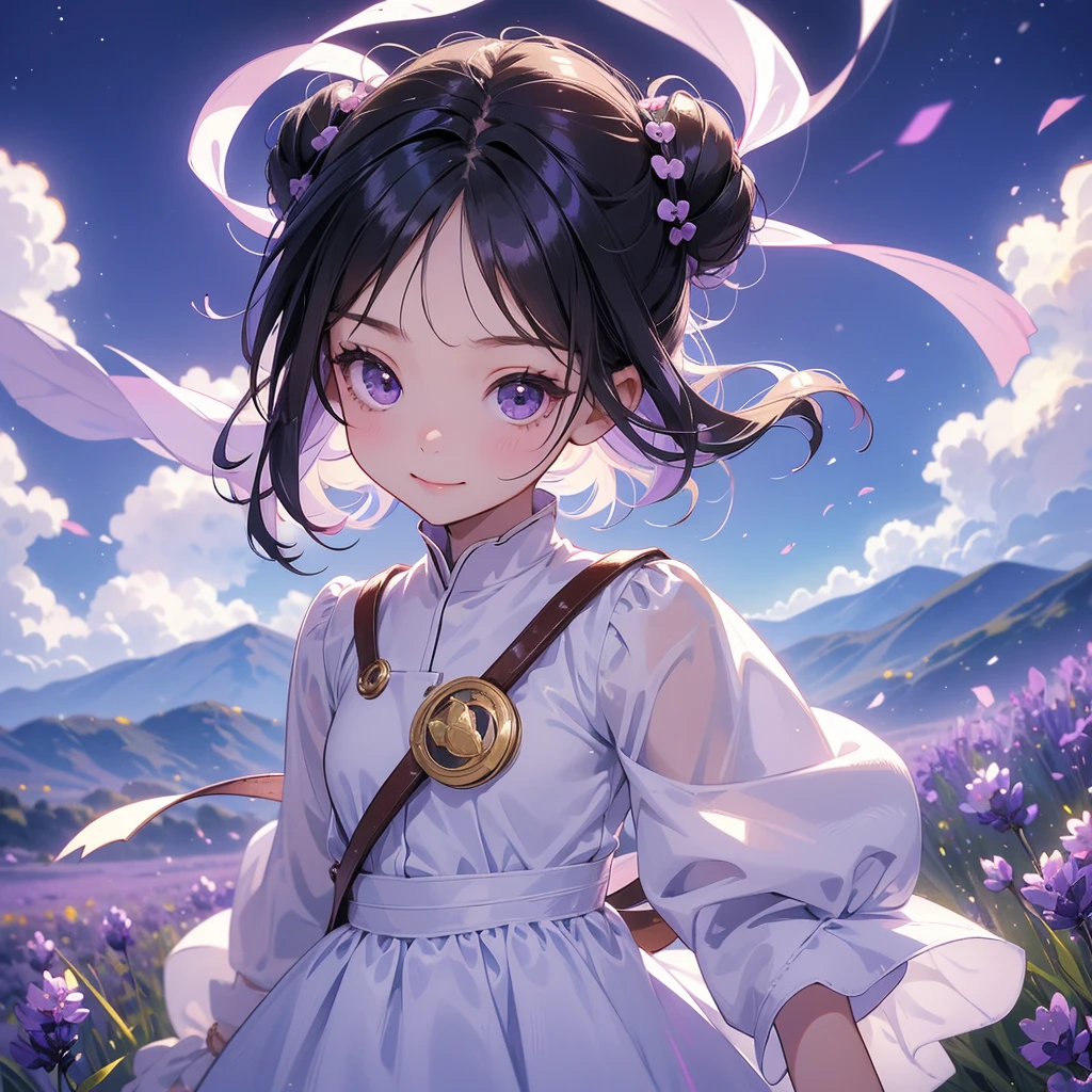 A chibi  girl had a small face and wearing a little tourist priest’s outfit, a pair of big round eyes shone with curiosity about him. This childso cute, her hair is black with buns on her hair. Small chibi , chibi baby, smil, chibi. 

Stroll among the purple lavender fields , There are some floating clouds.