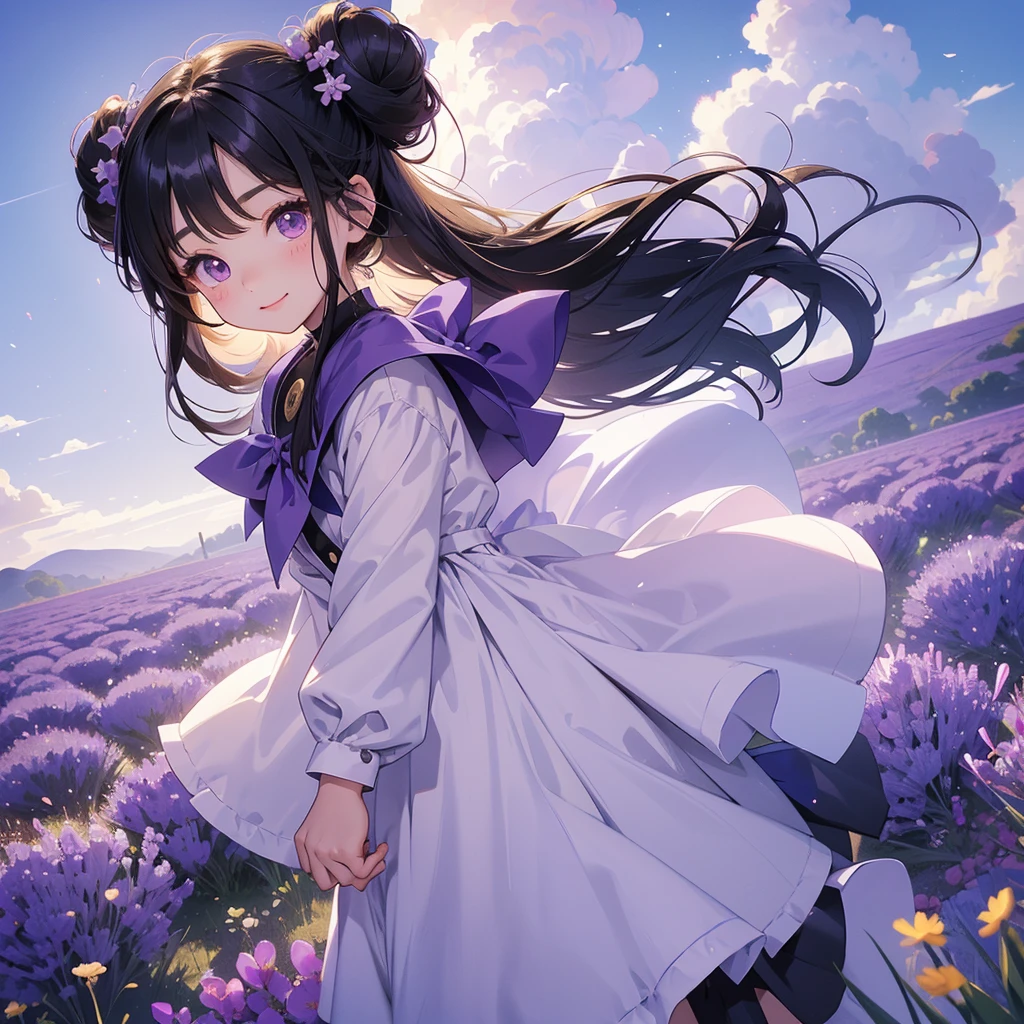 A chibi child girl had a small face and wearing a little tourist priest’s outfit, a pair of big round eyes shone with curiosity about him. This child was so cute, her hair is black with buns on her hair. Small chibi , chibi baby, smiling , chibi. 

Stroll among the purple lavender fields , There are some floating clouds.