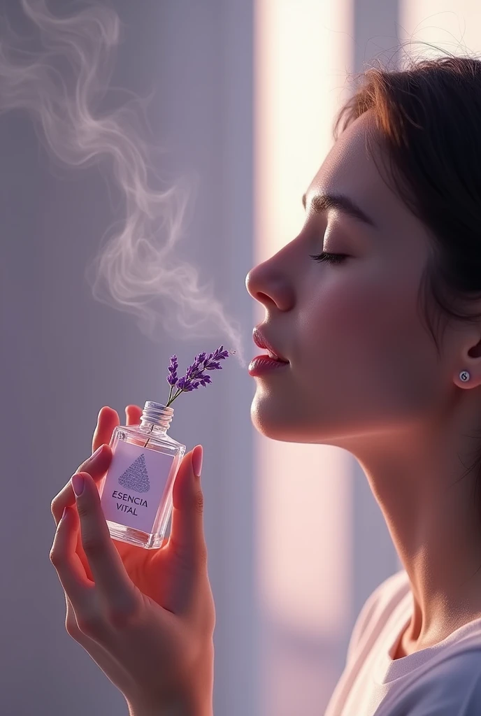 A person smelling a bottle of lavender essential oil that says the brand 'Esencia Vital' highlighting the aroma