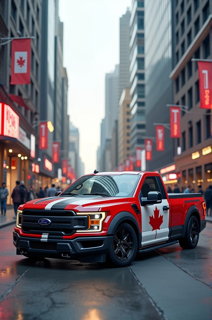Canadian truck and mustang black in downtown