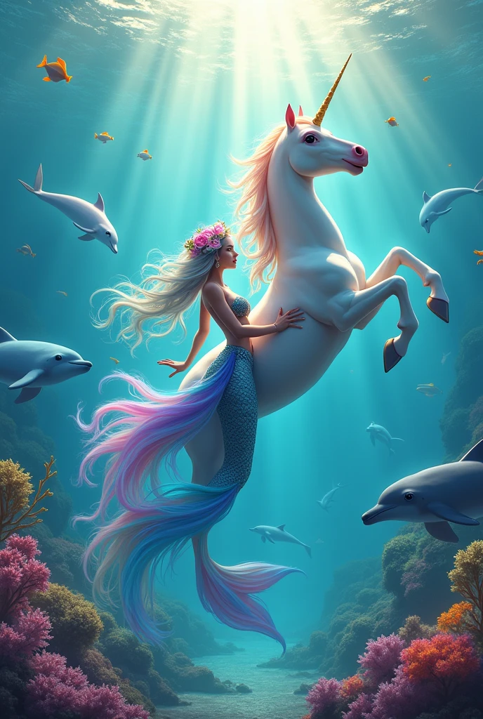 create a mermaid with a unicorn and dolphins in the sea and have the mermaid and unicorn have rainbow hair