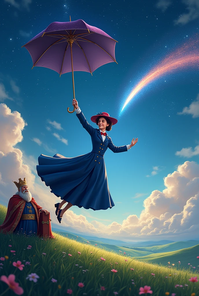 Mary Poppins, king, magic, umbrella, comet, suitcase, scenery