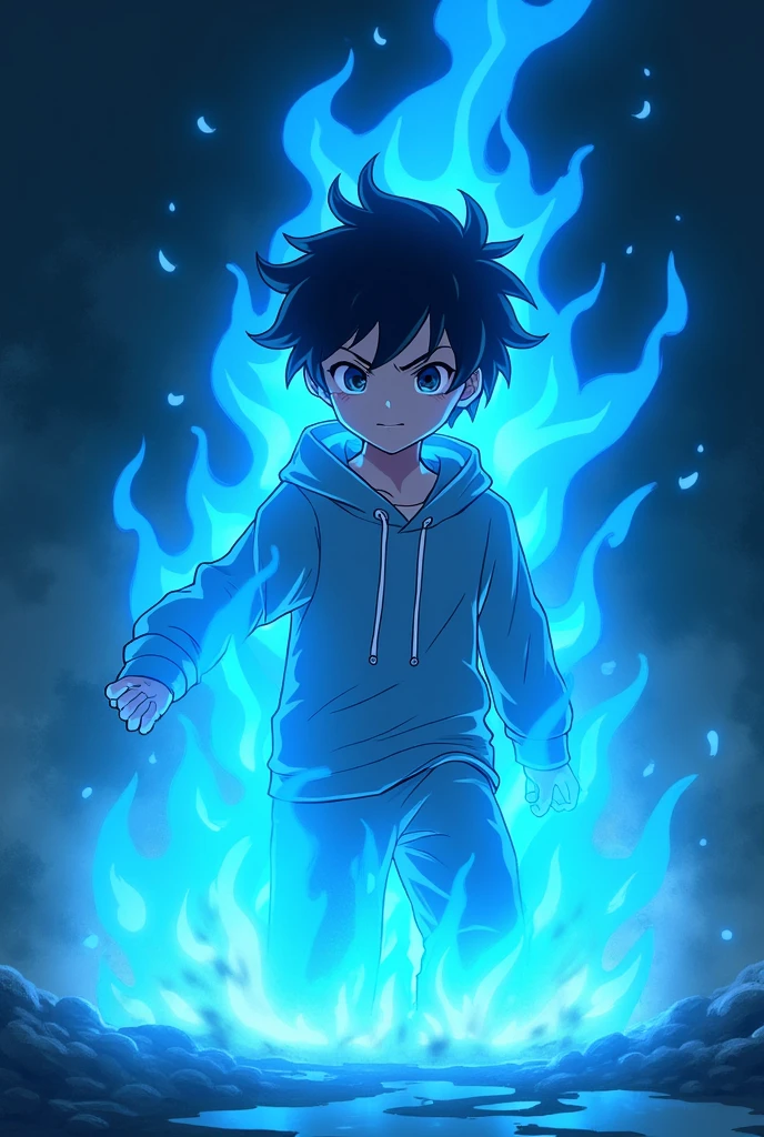 A boy with anime texture with blue flames