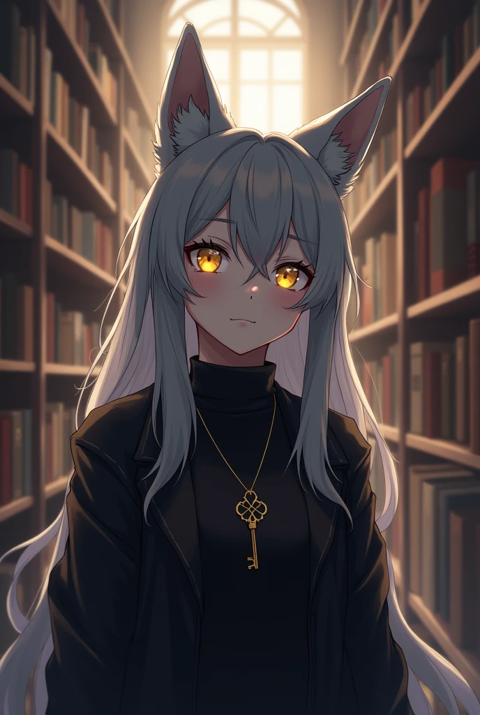 anime, Human girl, gray fur, fox ears, yellow eyes, black clothes, Pendant with a little key, medium height, library background 