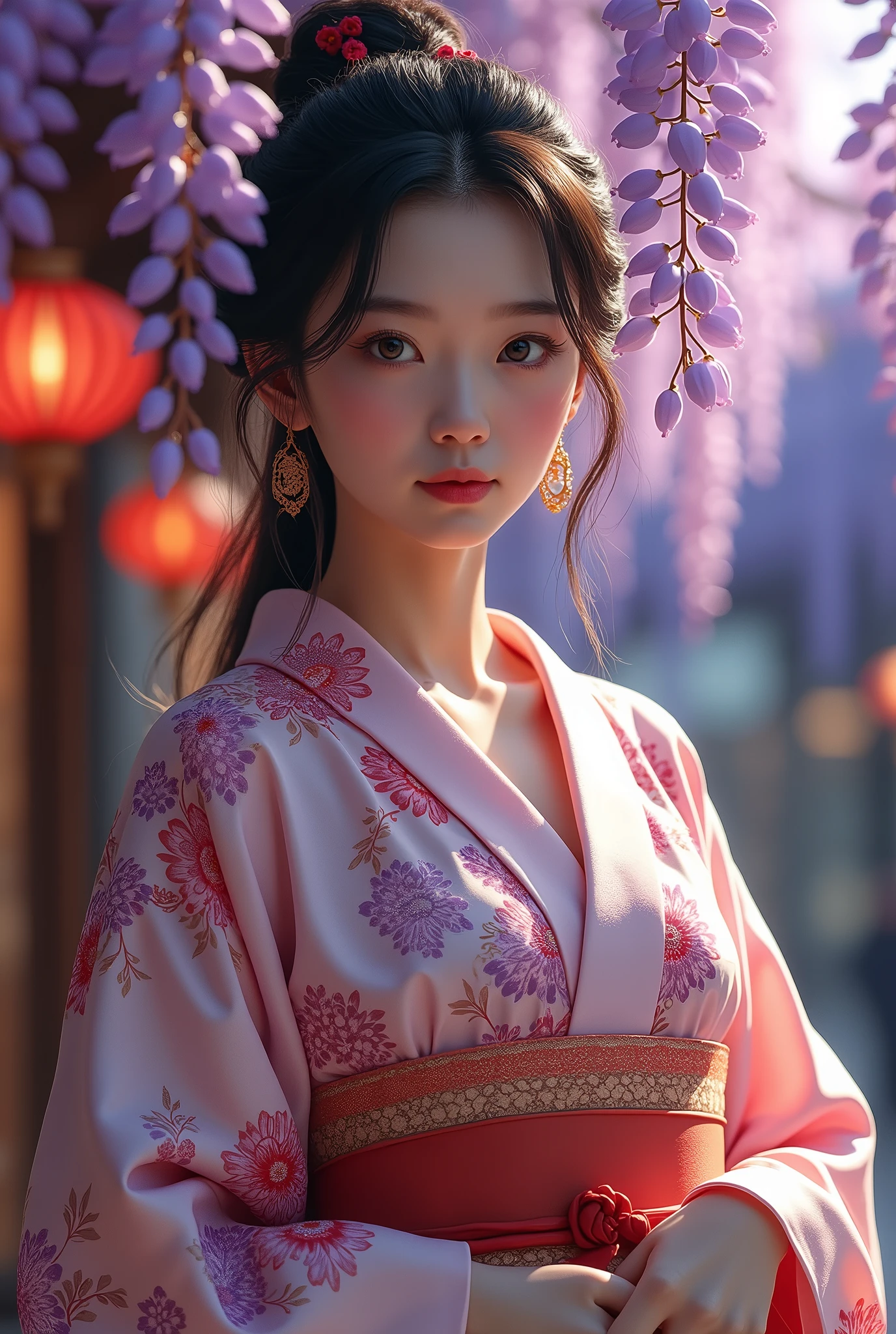 (masterpiece,Highest quality:1.4),(8k,RAW Photos,Photorealistic:1.4),Ultra-high resolution, ,(Glowing Skin:1.4),Detailed肌,Detailed顔,Detailed目,(Beautiful and shining eyes:1.2),Symmetrical eyes,Detailed耳,One person,Natural Makeup,(((Junior idol))),,Detailed背景,Vivid background,Beautiful and shiny hair,,((Average age breasts)),,(Detailed Sexy Kimono,Realistic beautiful teeny Neon,mysterious,whole body),,((Sharp Face)),Natural light,,(Very detailed ,,online shopping,LUMINE® Market,),Cleavage,Wisteria flower background,Professional,(Detailed,Location was great.),