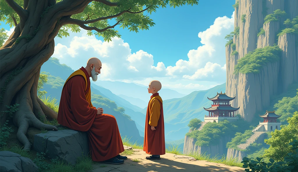 Old chinese bald monk sensei talking to young boy monk desciple, sitting, beautiful scenario, trees, temples, cliff, in anime style,