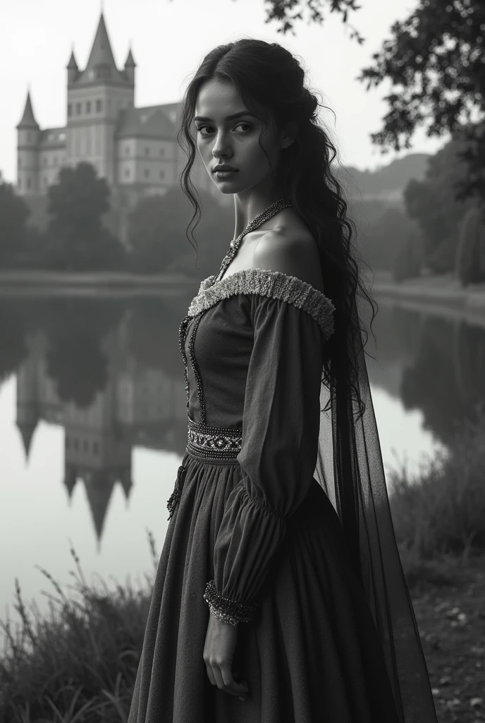 (best qualityer, 4K, 8k, high resolution, few colors masterpiece: 1,2 movie poster), ultradetailed, (realisitic, fotorrealisitic, fotorrealisitic: 1,37 in cinema colors, movie poster), medieval peasant brazilian girl, young woman, beautiful detailed eyes, beautiful detailed lips, extremely detailed eye and face, long eyelashes, medieval gown, standing near a lake, castle in the background, reflection in the lake, monochrome, elegant pose, serene expression, dramatic lighting, temperamental atmosphere