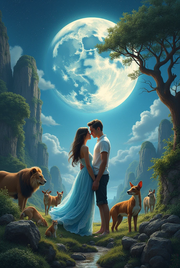 Bad Boy and cute girl love on moon
Very beautiful girl in blue and white dress
Earth are distoy near tree around green grass
Animals, rabbit, cat ,tiger, lion, bear, dear , wolf, dogs, rat , snake , cobra, elefant,