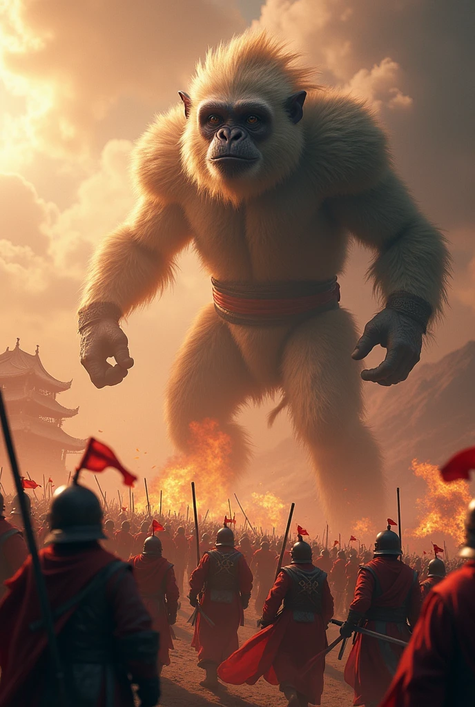 a colossal battle between an army and the Monkey King, highly detailed, epic scale, dramatic lighting, cinematic composition, fantasy landscape, intense action, powerful magic, heroic soldiers, monstrous monkey king, intricate details, photorealistic, 8k, masterpiece