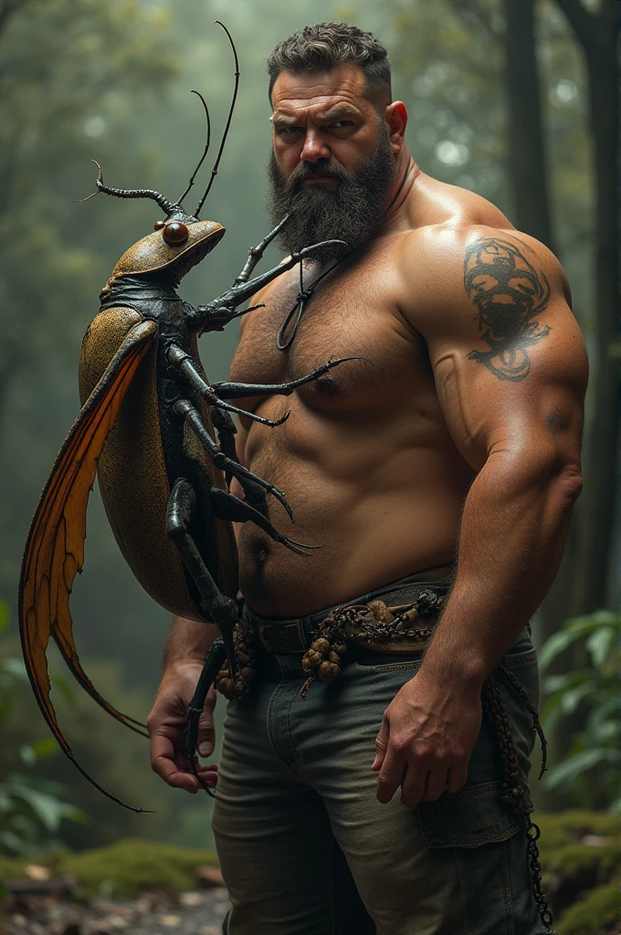 a big, strong, muscular man is mating with a giant bug with his big, thick, long cock, the man has the bug hooked on his nipples and impaled in his asshole