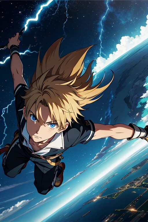 a teenage boy flying up with lightning around him anime
