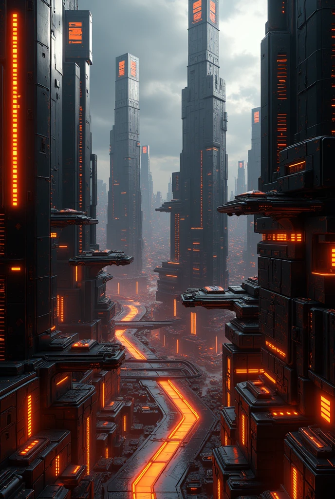 Futuristic city with black and orange tones