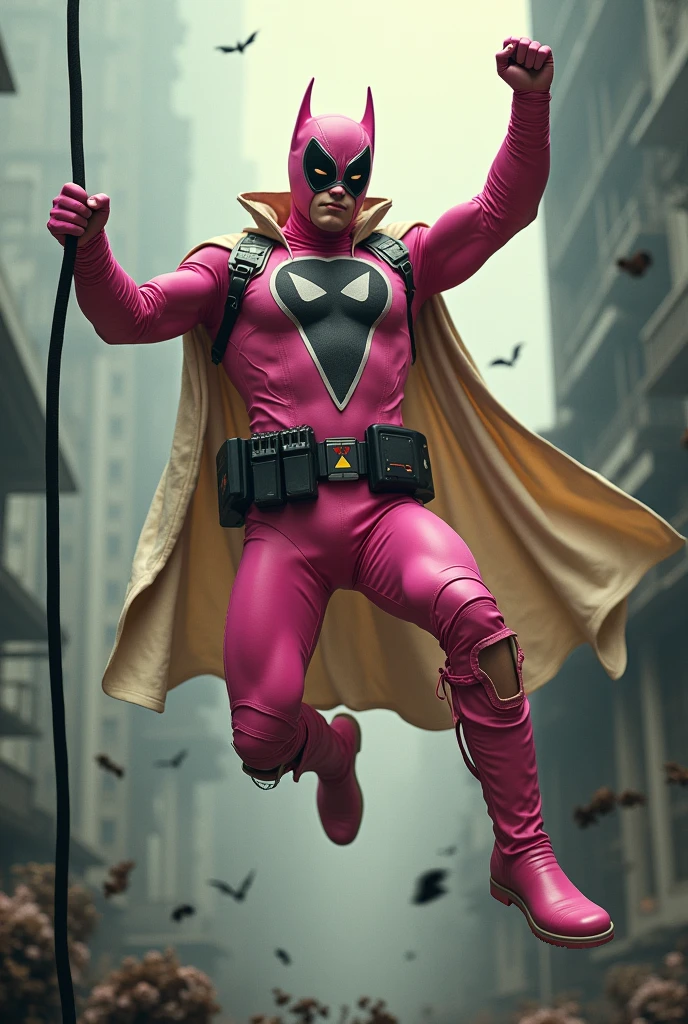 Malaysia man in high-tech suit, vivid effects, malaysian superhero (KELUANG MAN) in a striking pink and brown beige costume cyberpunk design, mask small mini bat ear beige, daredevil beige mask, jumpsuit dark pink stands confidently in a dramatic.jumping from high place.hero costume.one hand rise up. Big triangle logo on the chest.high detail Punisher logo on the chest. Fighting pose , stormy landscape. ((Head covered node guard like batman. Running pose , athletic body type, small mini ear bat mask))The character wears domino mask a helmet with pointed mini torn ears and a flowing cape biege, open nose and mouth. Equipped with visible futuristic weapons on a belt,bullet proof jacket pink dark day.show fingers pose, dark night, big supermoon effect . Small logo on chest triangle shape small punisher logo center triangle cyber logo center on chest pink logo mini logo . rocky. Building top.smoke ground , bomb effect background, losse pants, losses costume.adding to --ar 3:4 --style raw --stylize 500 --v 6.1. chaos. Lot of small flying bat. One leg on the high stone. Man. Backpack . Real man age 40 year old. One hand holding belt.one hand holding black rope hanging on building