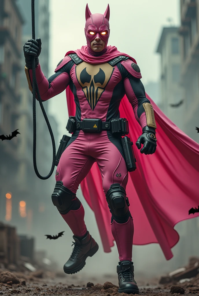 Malaysia man in high-tech suit, vivid effects, malaysian superhero (KELUANG MAN) in a striking pink and brown beige costume cyberpunk design, mask small mini bat ear beige, daredevil beige mask, jumpsuit dark pink stands confidently in a dramatic.jumping from high place.hero costume.one hand rise up. Big triangle logo on the chest.high detail Punisher logo on the chest. Fighting pose , stormy landscape. ((Head covered node guard like batman. Running pose , athletic body type, small mini ear bat mask))The character wears domino mask a helmet with pointed mini torn ears and a flowing cape biege, open nose and mouth. Equipped with visible futuristic weapons on a belt,bullet proof jacket pink dark day.show fingers pose, dark night, big supermoon effect . Small logo on chest triangle shape small punisher logo center triangle cyber logo center on chest pink logo mini logo . rocky. Building top.smoke ground , bomb effect background, losse pants, losses costume.adding to --ar 3:4 --style raw --stylize 500 --v 6.1. chaos. Lot of small flying bat. One leg on the high stone. Man. Backpack . Real man age 40 year old. One hand holding belt.one hand holding black rope hanging on building