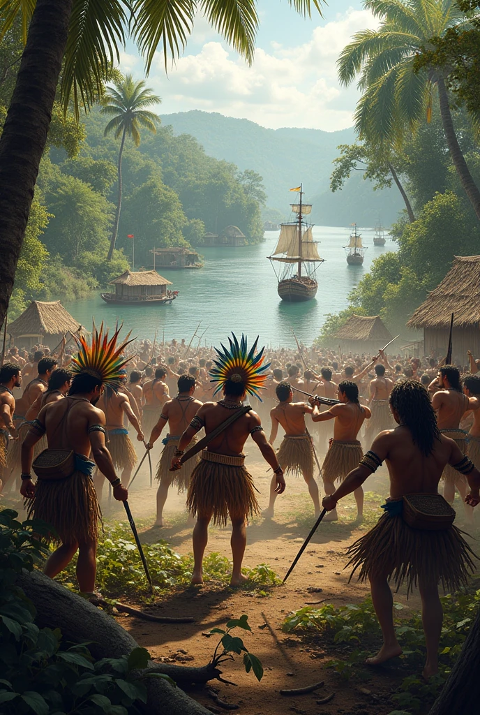 Indians fighting with indigenous people during the discovery of Brazil