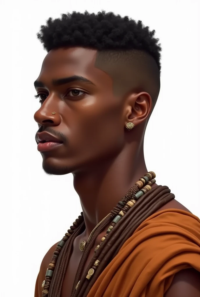 Create a hyper-realistic illustration of a young man, skin black, jaw and marked features, and short hair, well combed back and black color, tribal clothing, fully body, white background
