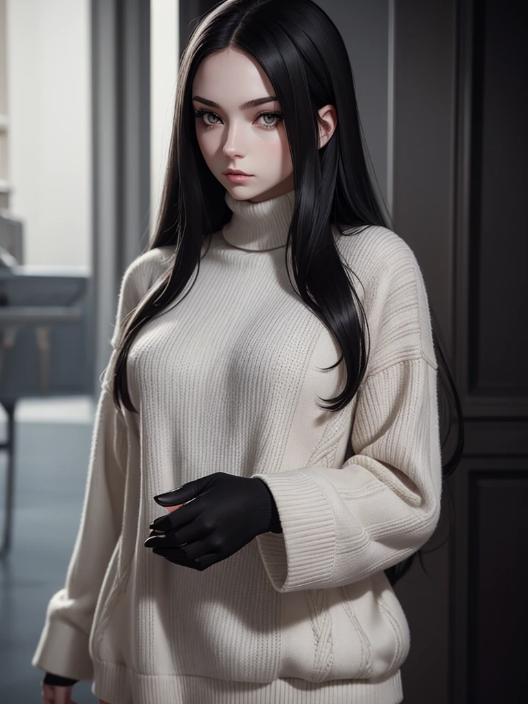 (best quality), 1girl, female, pale skin, (black hair), long hair, straight hair, grey eyes, perfect eyes, turtleneck sweater, stylish, elegant, serious, masterpiece, anatomically correct, highres
