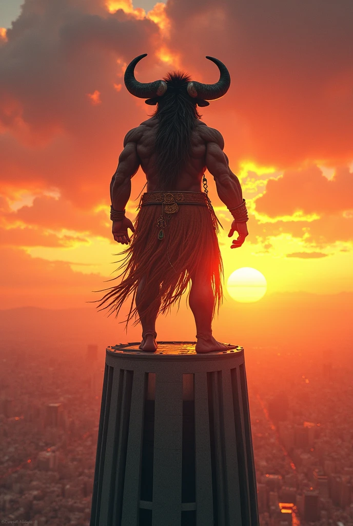 Buffalo man character standing in the top of building and see sunset 