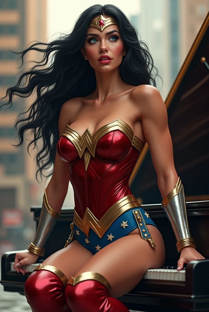 street piano, a beautiful Wonder Woman in blue eyes, black hair wearing Wonder Woman's tiara, red and gold bustier, blue leotard with white stars, ((silver wrist bracelets:1.2)), ((Red knee high boots:1.2)), golden belt with athletic and muscular body with big breasts, singing and playing a piano, trending on cg society, arabesque, energetic jazz piano portrait, portrait sophie mudd, pianist, gorgeous woman, photo of the beauty gal gadot, portrait of gal gadot, zoë kravitz, ashteroth, promo image, advertising photo, promotional image