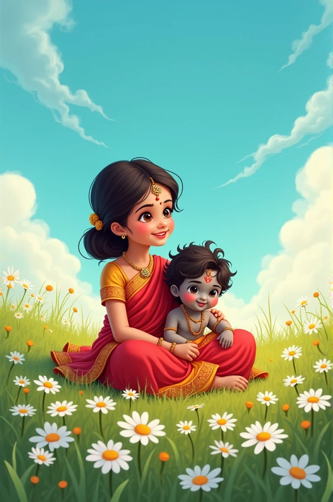Cartoon version of a girl who is wearing a red saree,with red bindi, sitting with little shree krisna, childhood version, on the daisy field,