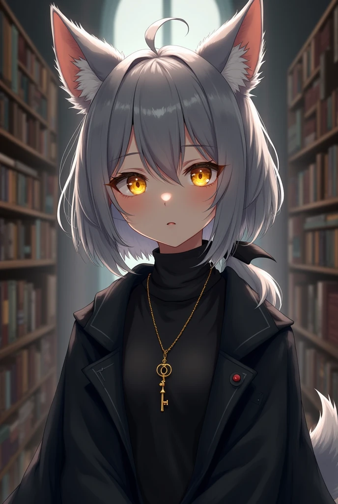 anime, Human girl, gray fur, fox ears, yellow eyes, black clothes, Pendant with a little key, medium height, library background 