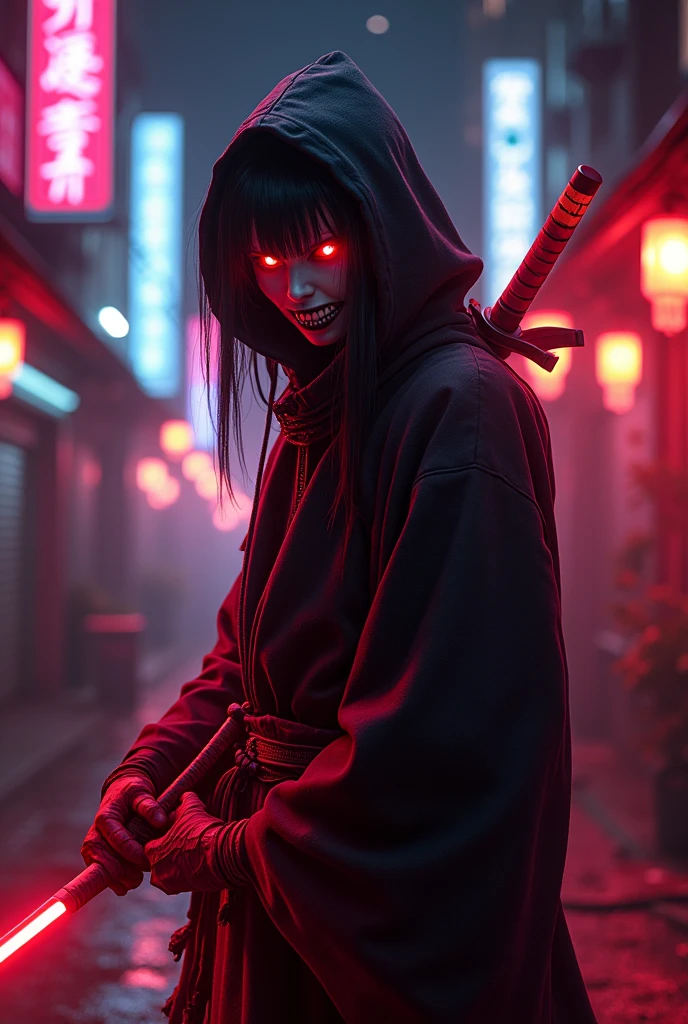 An deadliest anime with scary face with katana in neon light with glowing eyes and intense lighting and glows lamps in night with red glow clothes 2k image