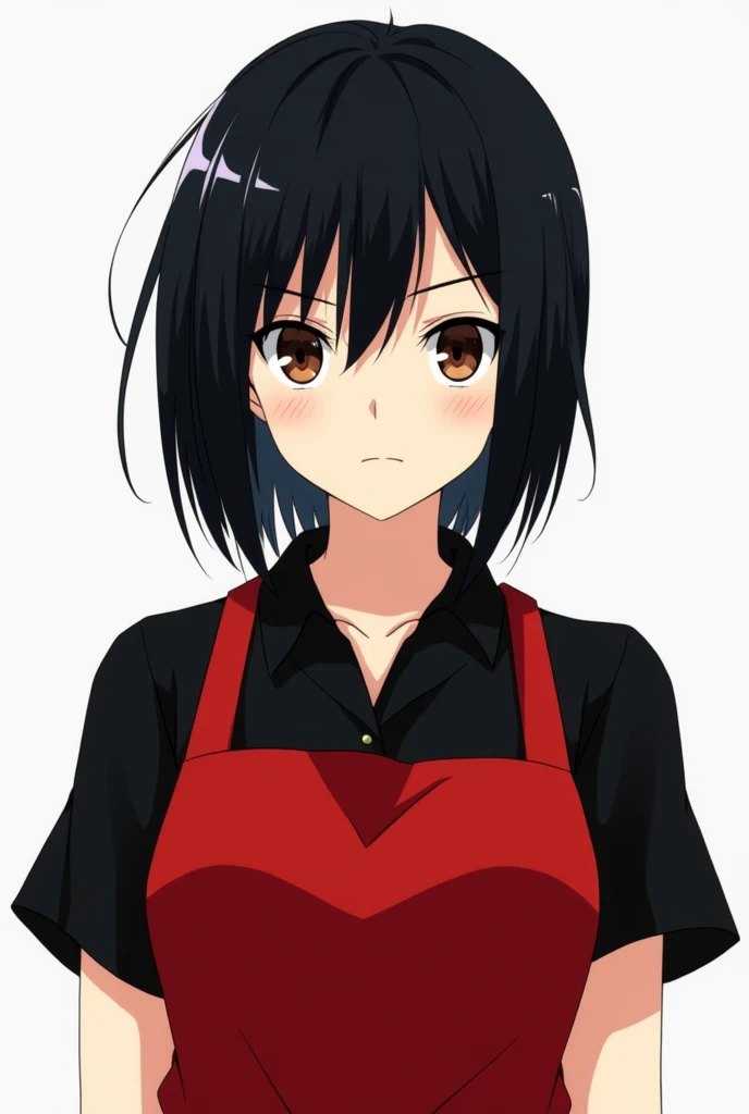 Create an anime girl with black hair and brown pupils with a black shirt and a red apron and say modatelas and give her a serious expression