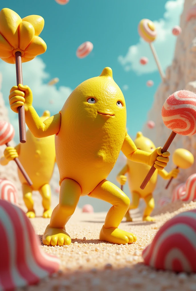 Lemon-shaped warriors with candy weapons