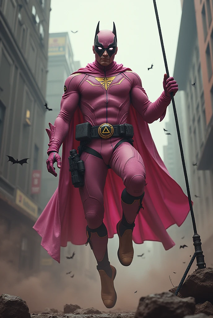 Malaysia man in high-tech suit, vivid effects, malaysian superhero (KELUANG MAN) in a striking pink and brown beige costume cyberpunk design, mask small mini bat ear beige, daredevil beige mask, jumpsuit dark pink stands confidently in a dramatic.jumping from high place.hero costume.one hand rise up. Big triangle logo on the chest.high detail Punisher logo on the chest. Fighting pose , stormy landscape. ((Head covered node guard like batman. Running pose , athletic body type, small mini ear bat mask))The character wears domino mask a helmet with pointed mini torn ears and a flowing cape biege, open nose and mouth. Equipped with visible futuristic weapons on a belt,bullet proof jacket pink dark day.show fingers pose, dark night, big supermoon effect . Small logo on chest triangle shape small punisher logo center triangle cyber logo center on chest pink logo mini logo . rocky. Building top.smoke ground , bomb effect background, losse pants, losses costume.adding to --ar 3:4 --style raw --stylize 500 --v 6.1. chaos. Lot of small flying bat. One leg on the high stone. Man. Backpack . Real man age 40 year old. One hand holding belt.one hand holding black rope hanging on building