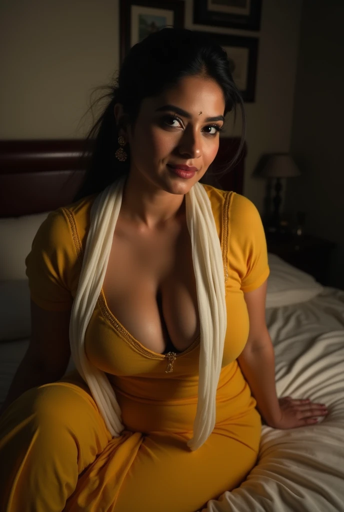 Photo of Hot Indian Mature Aunty with Dark skin , Wearing Tight yellow Kurti and White stole tied around her neck, U Cut Cleavage Sitting on Bed, Hair tied behind, Dim light in the room.