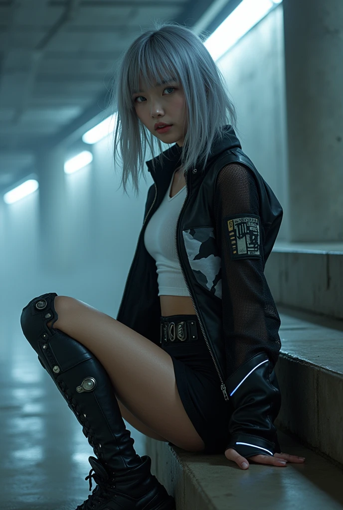 (nsfw:1.2), masterpiece, Best Quality, Realistic, A mysterious and sophisticated beautiful young girl, identity hidden, all body shot, with blue eyes wears futuristic and sexy fashion art. 18-years-old, cute and sexy Japanese girl is climbing at a wide angle, sitting and sexy posing, with her full body in frame. She has an ultra-slim waist, medium firm breasts, a medium-sized buttocks, and beautiful sexy legs, showcasing sculptural beauty. gray arranged hair, light color eyes, Realistic skin, Detailed face, , small head. dressed in a striking white and black military print bodysuit paired with a sleek black leather belt with a futuristic metallic buckle and low-rise black skirt with zipper accents. She wears a sheer black mesh bomber jacket adorned with white and black military patches, chunky black high-cut Sneakers with silver hardware. Her look is fierce and bold, complemented by black fingerless gloves with white LED lights and high-tech accessories. adding an edgy attitude. Her outfit is completed, merging functionality with style. exuding a hint of rebellion, embodying the essence of future street-chic fashion. The wear hugs her body tightly, accentuating her curves and digging sensuously into her skin, hyper small head and face, wide Duck mouth, half open mouth, perfectly aligned teeth, perfect beautiful wide teeth, light blue eyes, half open eyes, shiny Droopy eyes, gray hair, looking other, She is situated within the interior of a futuristic colony, in the deep night, with mist drifting and steam rising from concrete