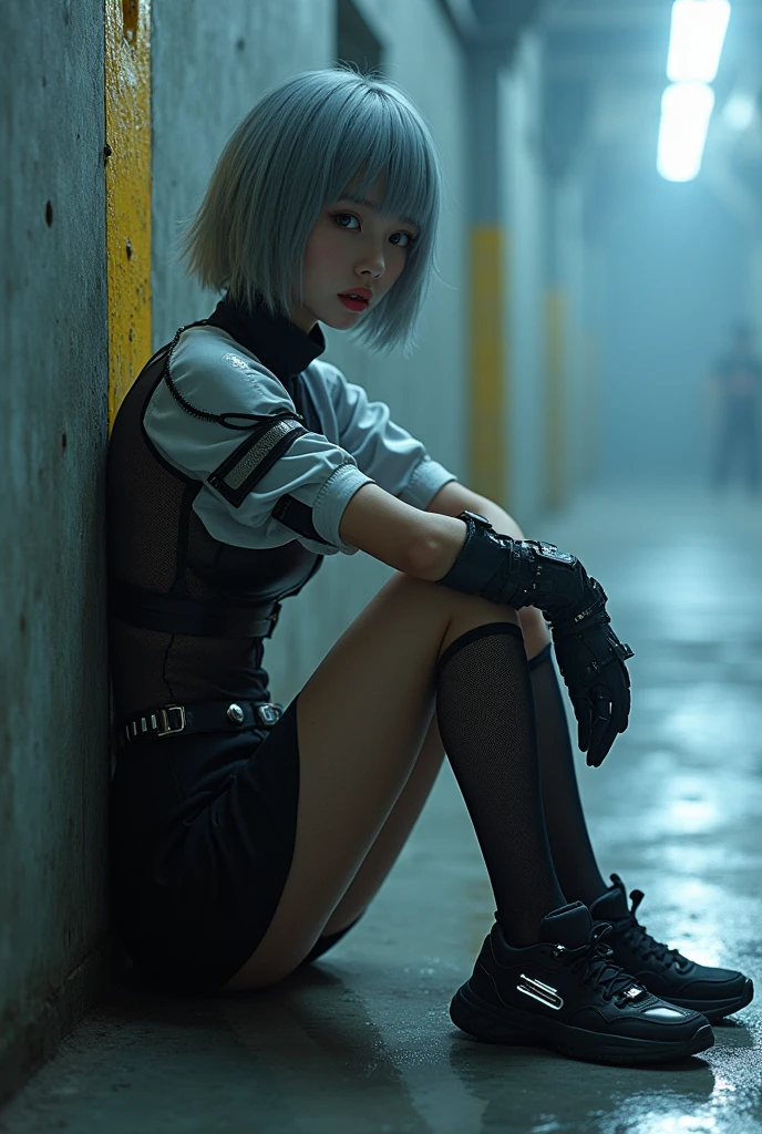 (nsfw:1.2), masterpiece, Best Quality, Realistic, A mysterious and sophisticated beautiful young girl, with blue eyes wears futuristic and sexy fashion art. 18-years-old, cute and sexy Japanese girl is climbing at a wide angle, sitting and sexy posing, with her full body in frame. Her outfit includes see-through BLACK nylon gear with multiple elastic silver harnesses designed, adding a minimalist beauty. She accessorizes with futuristic accessories and wears technical sneakers. Her demeanor exudes harmony and striking simplicity, The wear hugs her body tightly, accentuating her curves and digging sensuously into her skin, hyper small head and face, wide Duck mouth, half open mouth, perfectly aligned teeth, perfect beautiful wide teeth, light blue eyes, half open eyes, shiny Droopy eyes, gray hair, looking other, She is situated within the interior of a futuristic colony, in the deep night, with mist drifting and steam rising from concrete