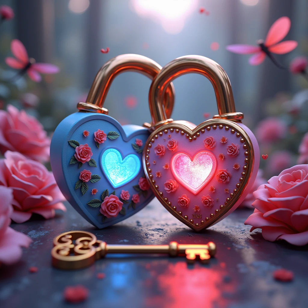 A mesmerizing 3D render of a magical garden scene, where two intertwined padlocks symbolize the union of lovebetween sunset and sunrise. The padlocks, intricately designed, bear "Matsu" a romantic blue heart shape and "Rubi" a playful pink heart shape. The locks are adorned with roses and emit a soft glow, creating a mystical atmosphere. Pink and blue dragonflies dance around the padlocks, adding to the whimsical charm. A golden key with intricate hearts motifs sits beside the padlocks, ready to unlock the secrets of love. This enchanting artwork masterfully combines typography, illustration, and 3D rendering, evoking a love story or fairy tale, and highlights the artist's exceptional talent in blending various creative elements., typography, 3d render, photo, illustrationLess