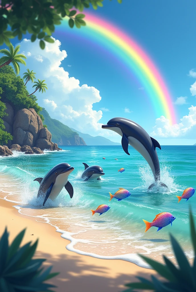 Dolphins on the beach, with a rainbow, and lots of colorful and shiny fish