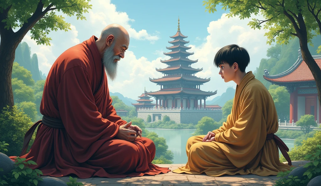 Old chinese bald monk sensei talking to young boy monk desciple, sitting, beautiful scenario, trees, temples, in anime style,