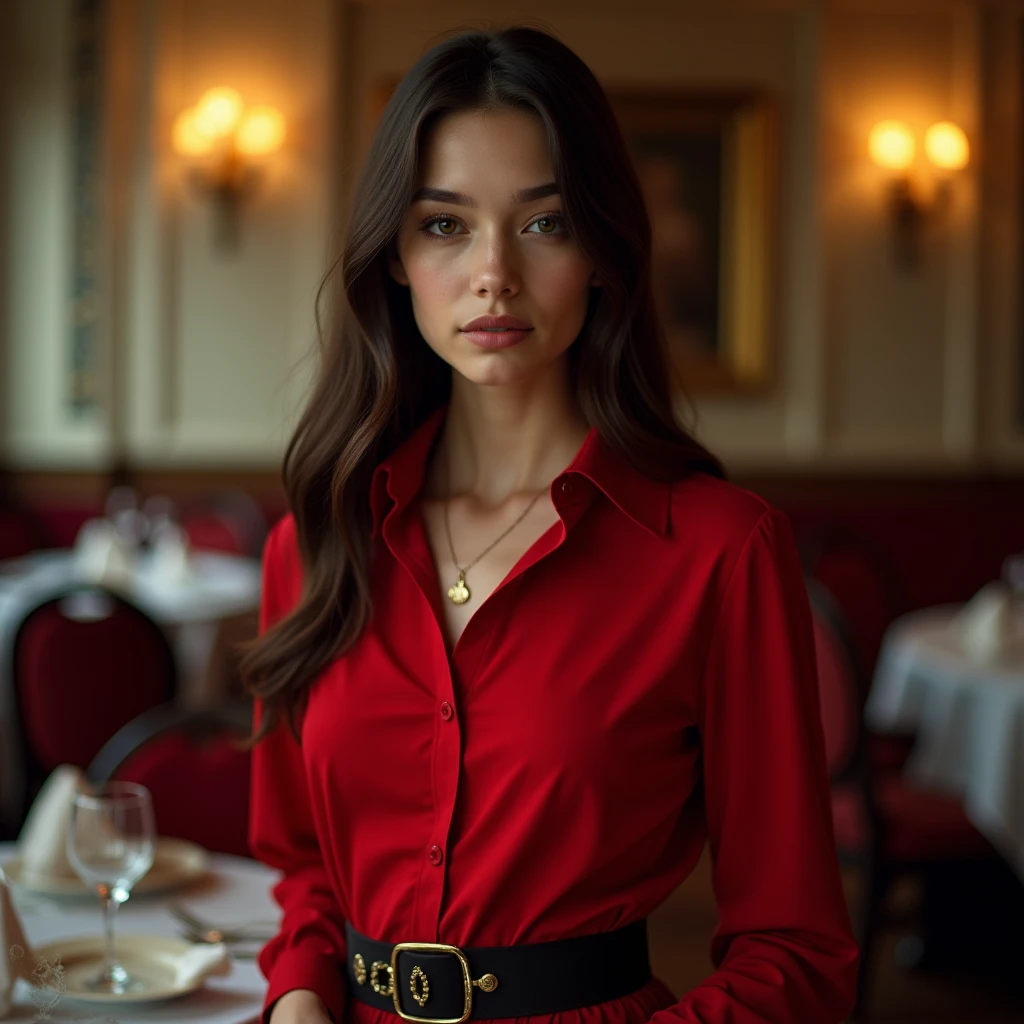 a woman standing in front in the background of a restaurant,, by Andrei Kolkoutine, tumblr, smile, portrait of a young witch girl, red elegant shirt, refined editorial photograph, wearing a gothic dress, innocent look. rich vivid colors, tom bagshaw style, elegant fashion model, girl with dark brown hair, young handsome pale roma, portait photo, ISO 300, 1/250s, F/2,8, 38 mm, extremely high quality RAW photograph, 4k, sharp focus, high resolution, 8k UHD, DSLR, high quality, film grain, Fujifilm XT3