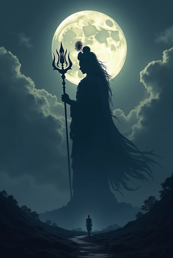 Shadow of lord vasudev krushn with there sudarshan, dark night with a big moon and clouds in the background