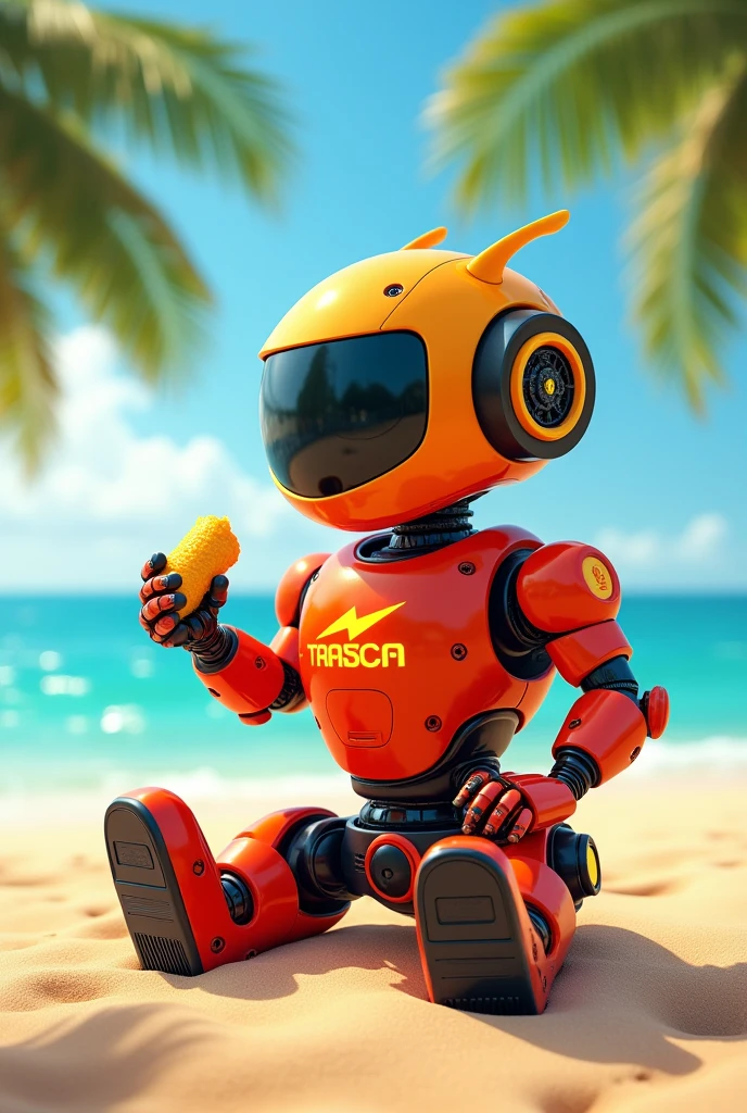 Create an Olympic mascot of a character that is on the beach eating, It must be a robot that has the colors red and yellow and on its chest it must have the logo of a lightning bolt with the word TAACSA