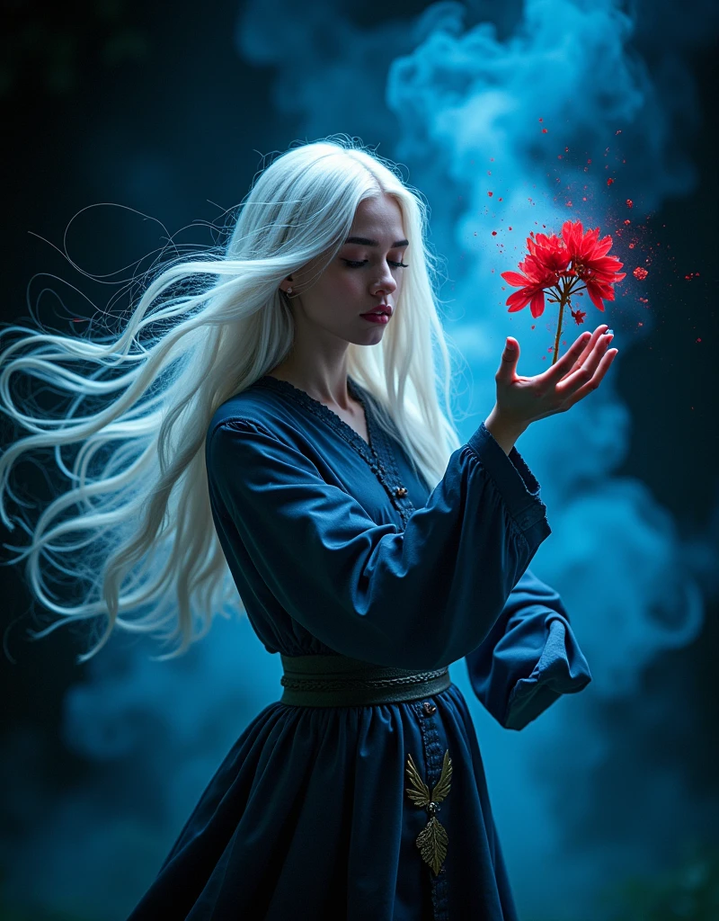 an gorgeous young woman wizard with white hair, blowing red flowers out of his hand in the air, surrounded by swirling blue flame, unexpected alchemical reaction, black background, hyper realistic cinematic photography