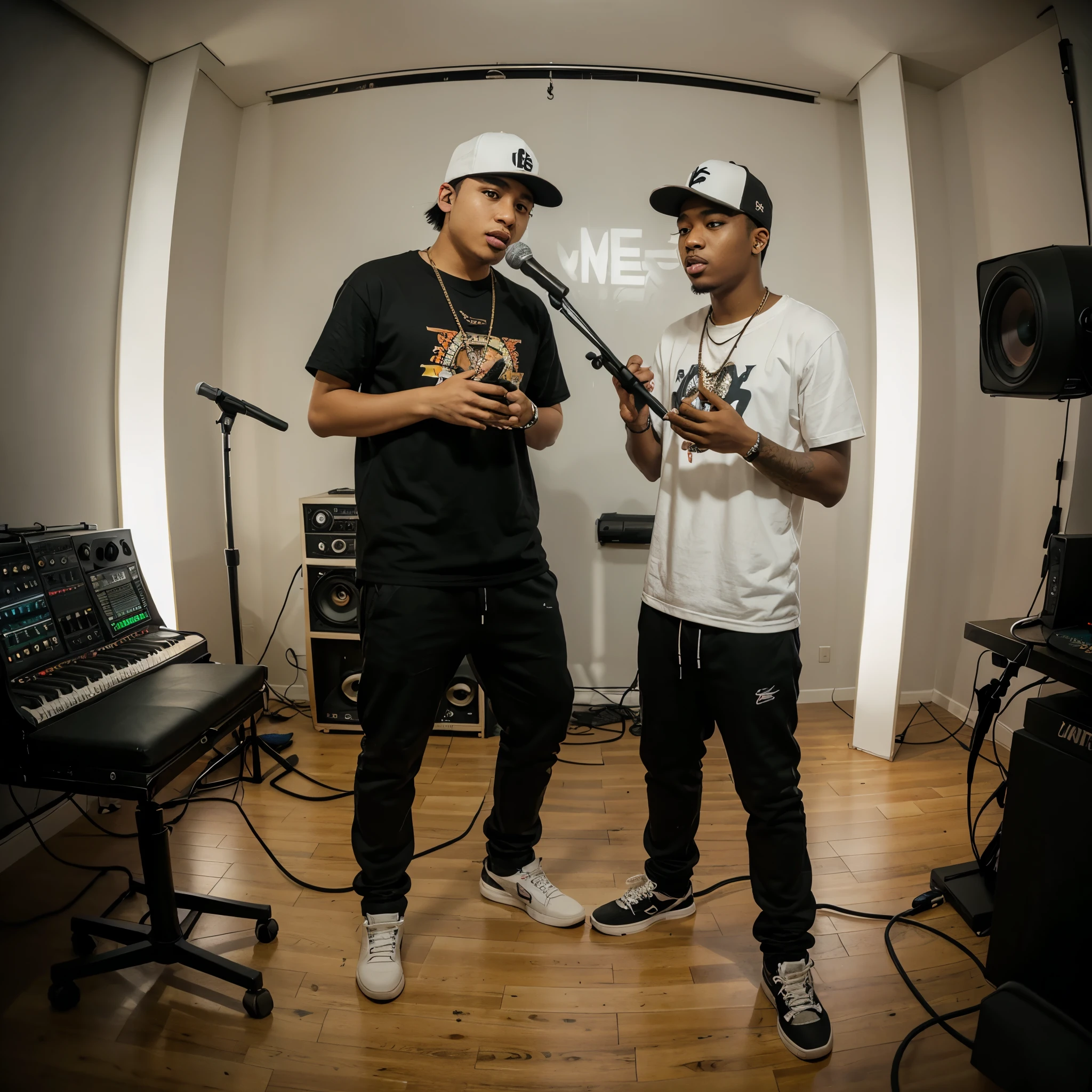 two rapper in music studio, 2 man, studio, microphone and stand, fisheye-8mmlens-v2exp, lens