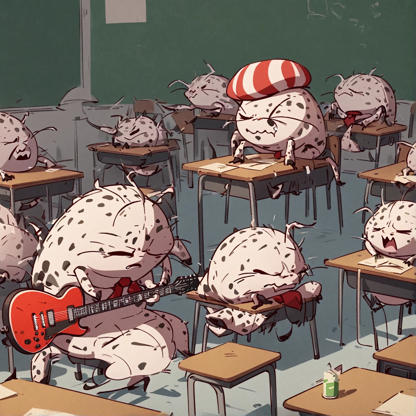 White Pangolins Shag Beetle, straight line eyes, closed eyes, Zig Zag Mouth, no humans, Red striped beret, red tie, by Guillaume Renard and Kaeit VanDorn \(skchkko\), evil Rage, playing Electric Guitar, Desk in Classroom, digital illustration