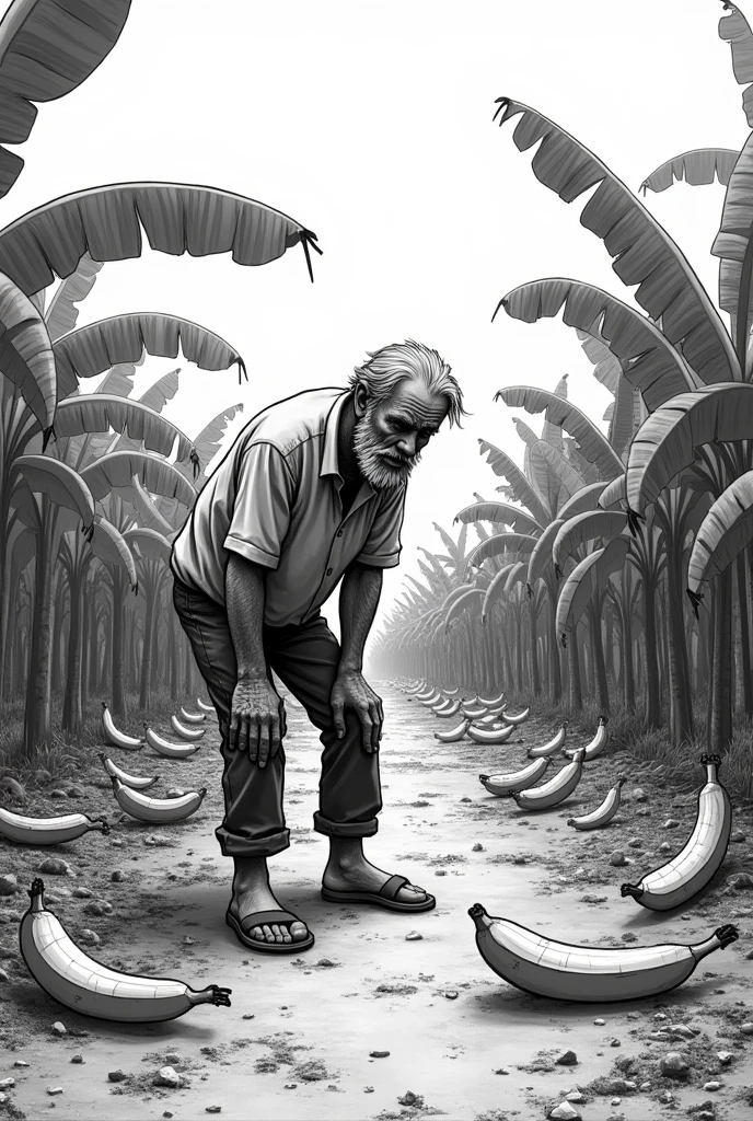 Create an easy to draw black and white drawing, of a slightly older man with a beard and a hat, worried and sad, in a banana plantation as he found them destroyed and fallen to the ground, On the ground you throw out fallen bananas and make the man sad and worried while he watches them 