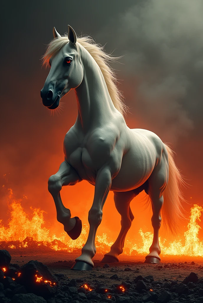 Create a round picture with a white agresdive PullHorse with exaggerated protruding muscles and veins and fiery red eyes, which stands on its hind legs and with its front hoof in a black, carbonizing, flames ground in stomps. The background should be a flaming inferno and otherwise a black background.