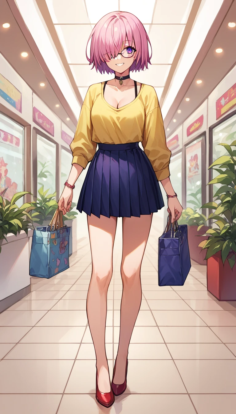 Full body nude asian girl giant boobs completely nude crowded mall heels glasses off shoulder hair choker