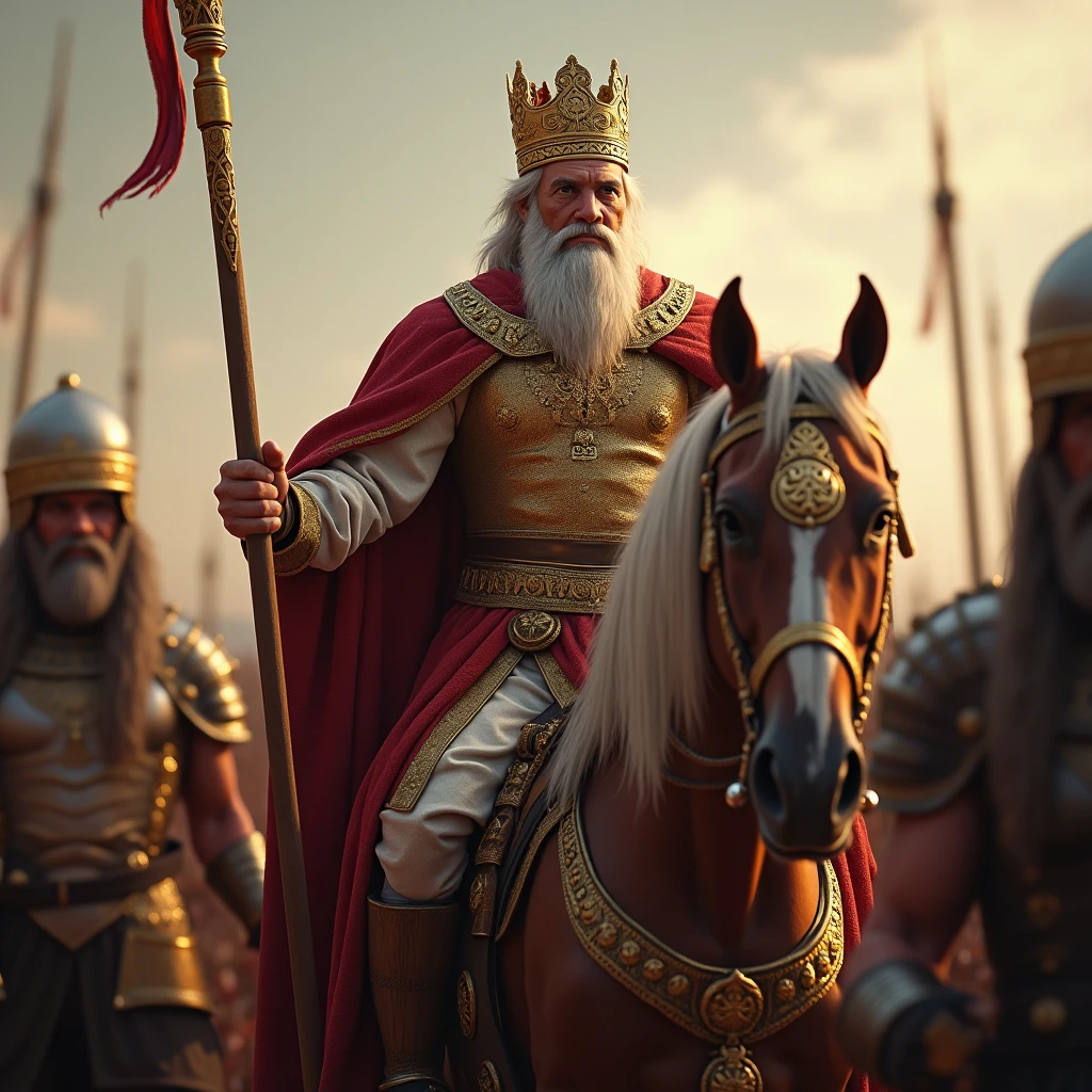 an ancient middle-aged handsome king, with beard and a golden cylindrical crown, in a glorious reddish clothing, riding a horse with a golden rod in his left hand. soldiers are around him.