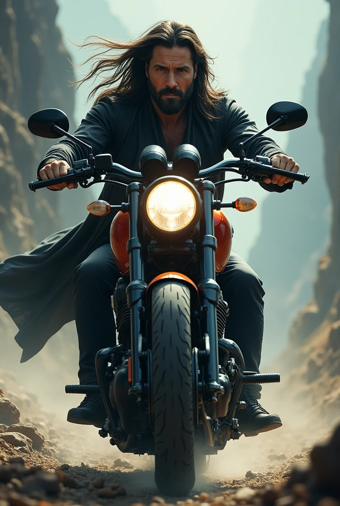 create an image of a man with long hair blowing in the wind riding a shadow 750 motorcycle