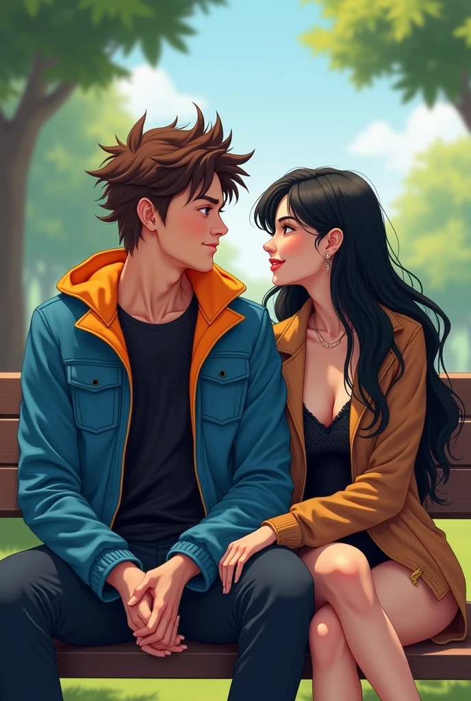 A young man with spiky brown hair is wearing a blue jacket with an orange collar and a black mesh shirt. He is sitting next to a young woman with long black hair and a blue dress. She is smiling and looking at him. They are both sitting on a bench in a park. The background is a blurry image of trees and a blue sky.